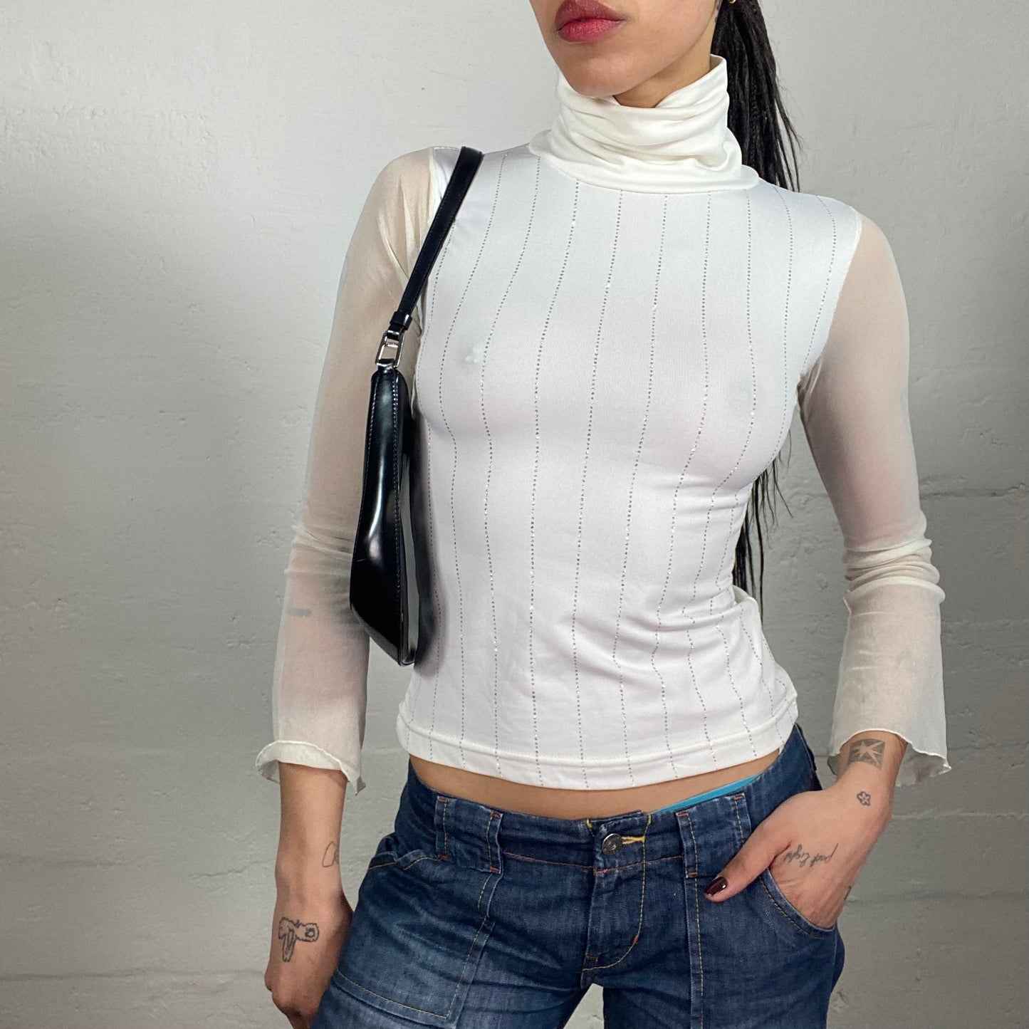 Vintage 2000's Soft Girl White High Neck Rhinestones Decorated Top with Mesh Long Sleeves (S)