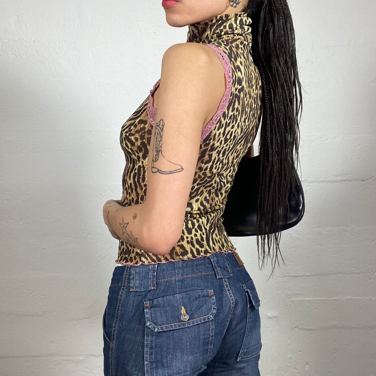 Vintage 2000's Morgan Glamorous Cheetah Girl Turtle Neck Animal Print Tank Top with Pink Lace Decorated Trim (S)