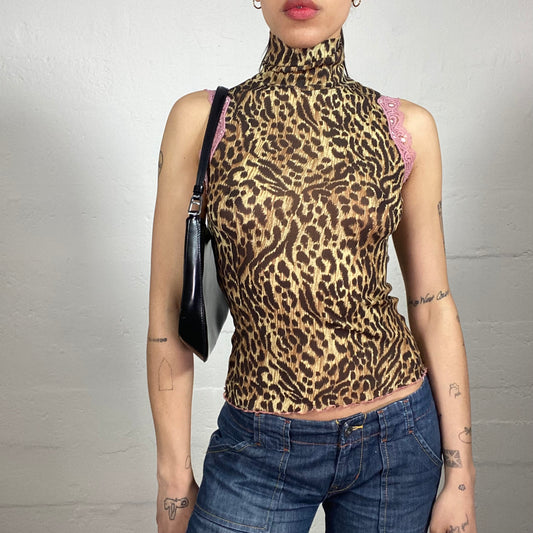 Vintage 2000's Morgan Glamorous Cheetah Girl Turtle Neck Animal Print Tank Top with Pink Lace Decorated Trim (S)