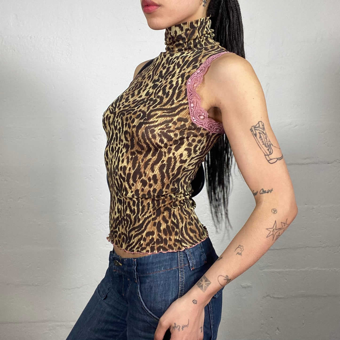 Vintage 2000's Morgan Glamorous Cheetah Girl Turtle Neck Animal Print Tank Top with Pink Lace Decorated Trim (S)