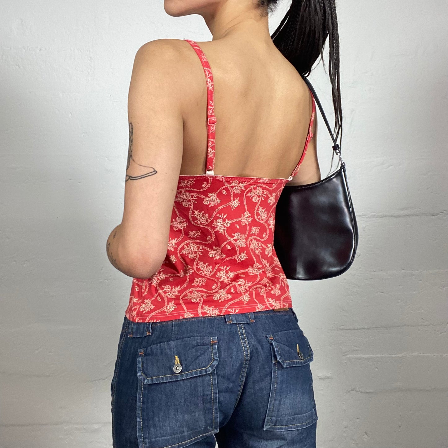 Vintage 2000's Coquette Coral Red White Floral Printed Cami Top with Lace Bra Embroidery (S)