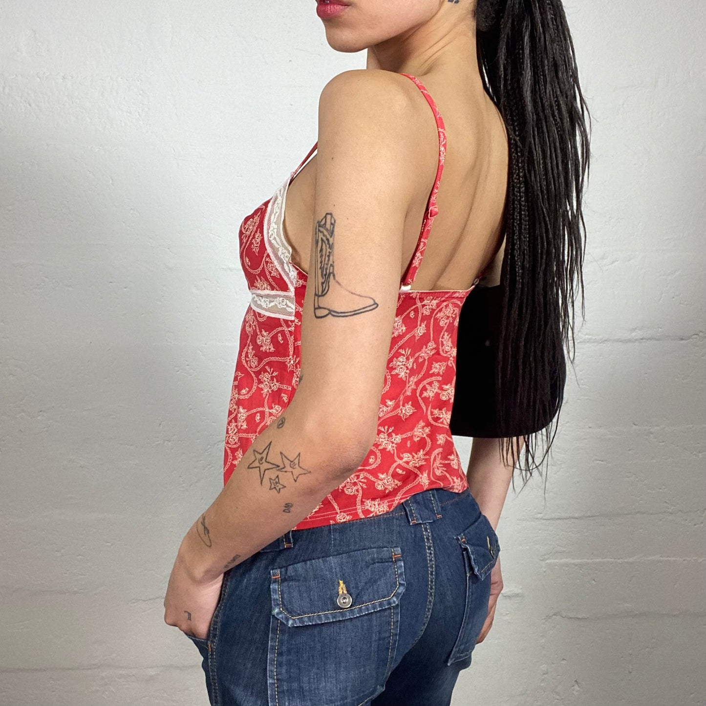 Vintage 2000's Coquette Coral Red White Floral Printed Cami Top with Lace Bra Embroidery (S)