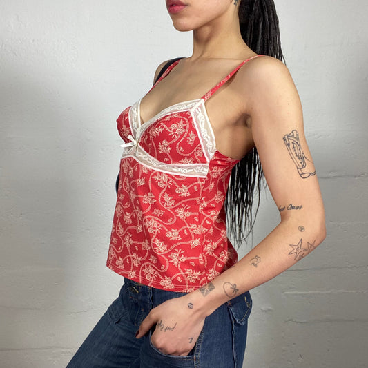 Vintage 2000's Coquette Coral Red White Floral Printed Cami Top with Lace Bra Embroidery (S)