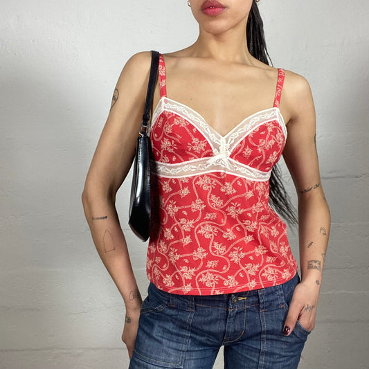 Vintage 2000's Coquette Coral Red White Floral Printed Cami Top with Lace Bra Embroidery (S)