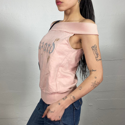 Vintage 2000's Soft Girl Casual Walk Baby Pink Off Shoulder Open Back Cut Pullover Style Top with Blue Typography Embroidery (S)