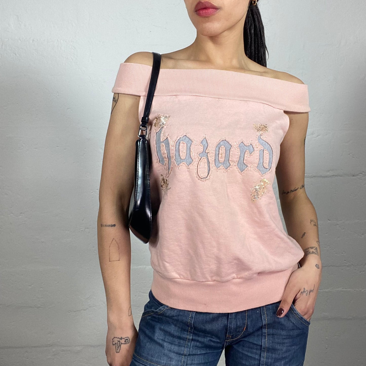 Vintage 2000's Soft Girl Casual Walk Baby Pink Off Shoulder Open Back Cut Pullover Style Top with Blue Typography Embroidery (S)