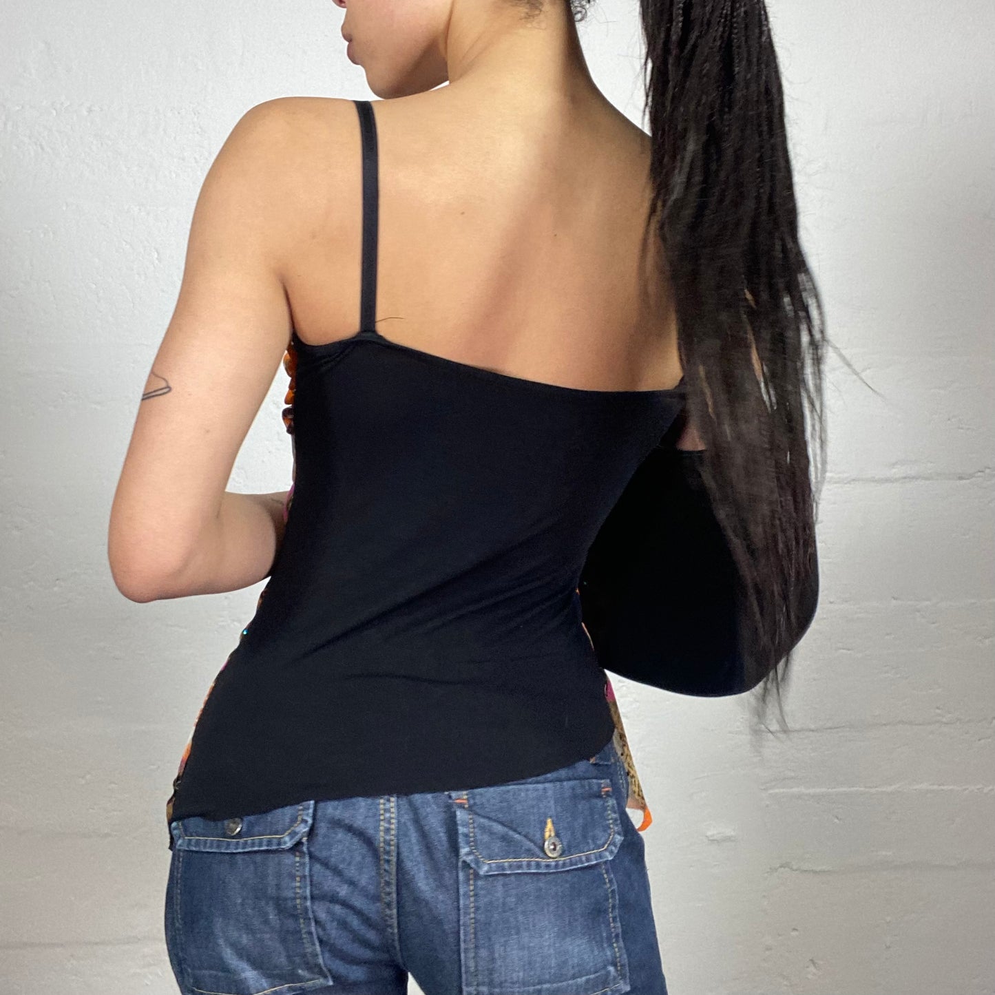 Vintage 2000's Boho Summer Shiffon Draped Cami Top with Floral Print and Contrast Black Back (M)