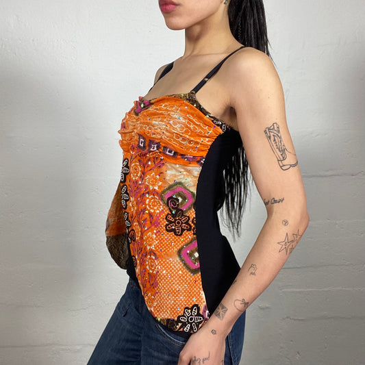 Vintage 2000's Boho Summer Shiffon Draped Cami Top with Floral Print and Contrast Black Back (M)