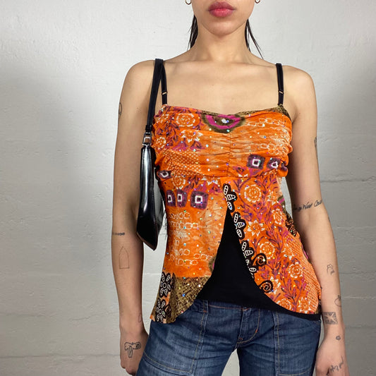 Vintage 2000's Boho Summer Shiffon Draped Cami Top with Floral Print and Contrast Black Back (M)