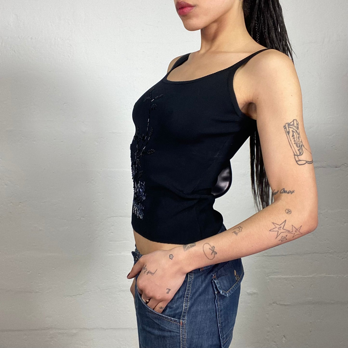 Vintage 2000's Clubwear Black Jersey Tank Top with Black and Silver Sequins Embroidery (S)