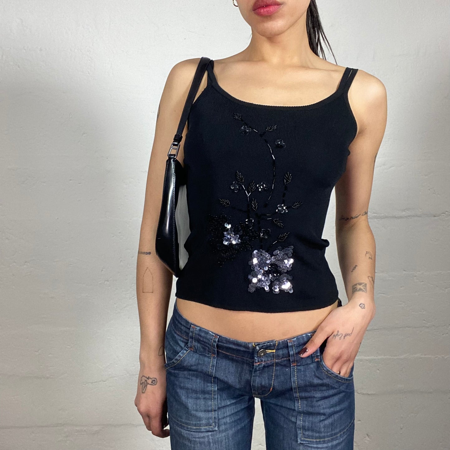 Vintage 2000's Clubwear Black Jersey Tank Top with Black and Silver Sequins Embroidery (S)