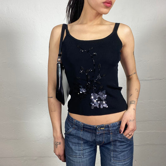 Vintage 2000's Clubwear Black Jersey Tank Top with Black and Silver Sequins Embroidery (S)