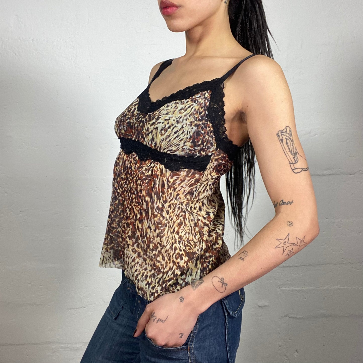 Vintage 2000's Mob Wife Cheetah Print Cami Top with Black Lace Trim (M)