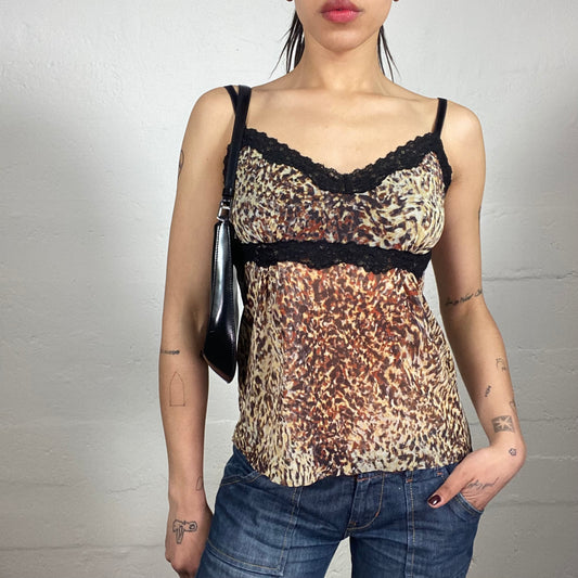 Vintage 2000's Mob Wife Cheetah Print Cami Top with Black Lace Trim (M)