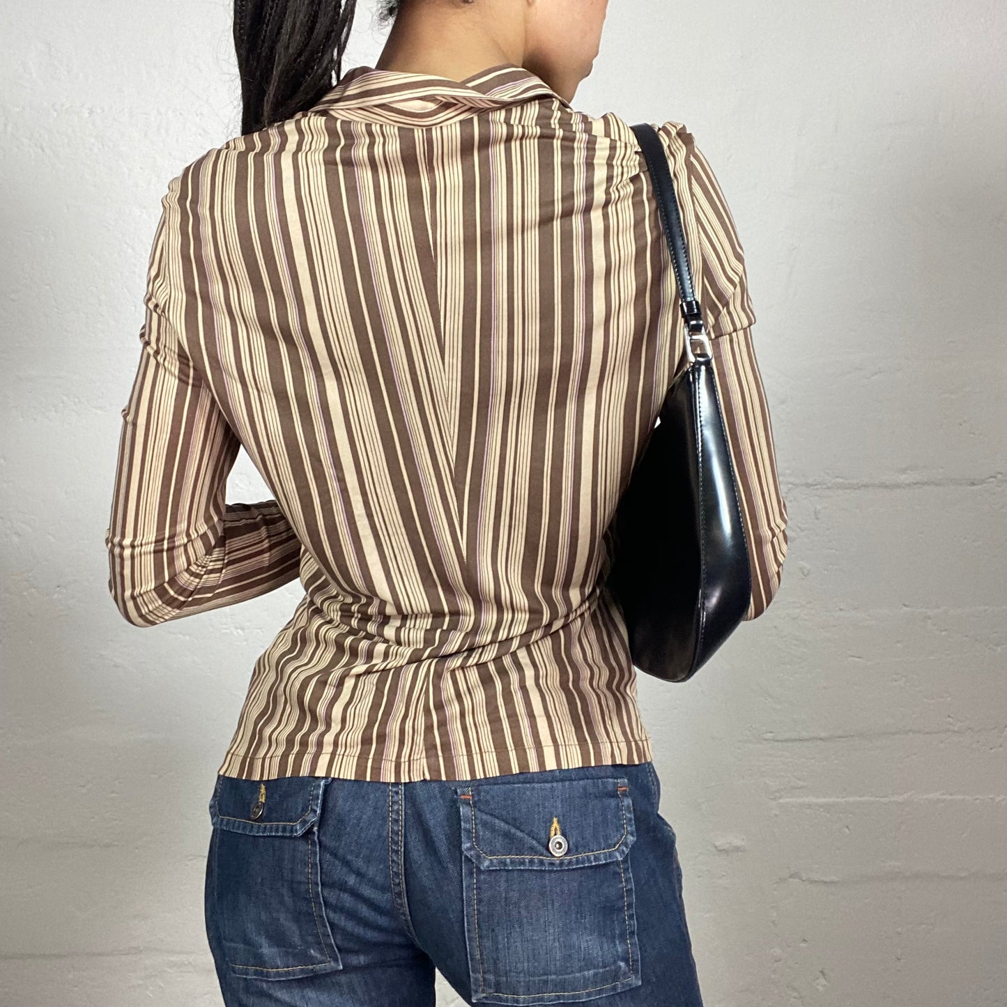 Vintage 2000's Office Girl Brown and Beige Striped Slim Fitted Button Up Shirt (M/L)