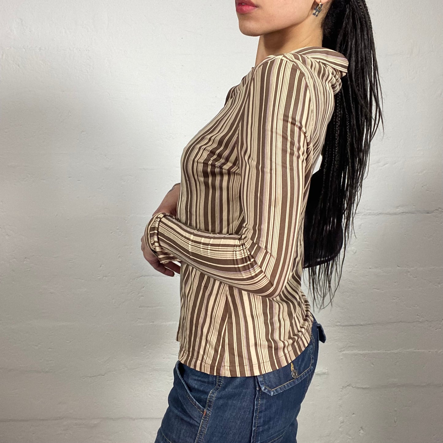 Vintage 2000's Office Girl Brown and Beige Striped Slim Fitted Button Up Shirt (M/L)