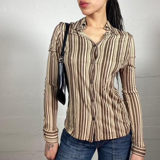Vintage 2000's Office Girl Brown and Beige Striped Slim Fitted Button Up Shirt (M/L)