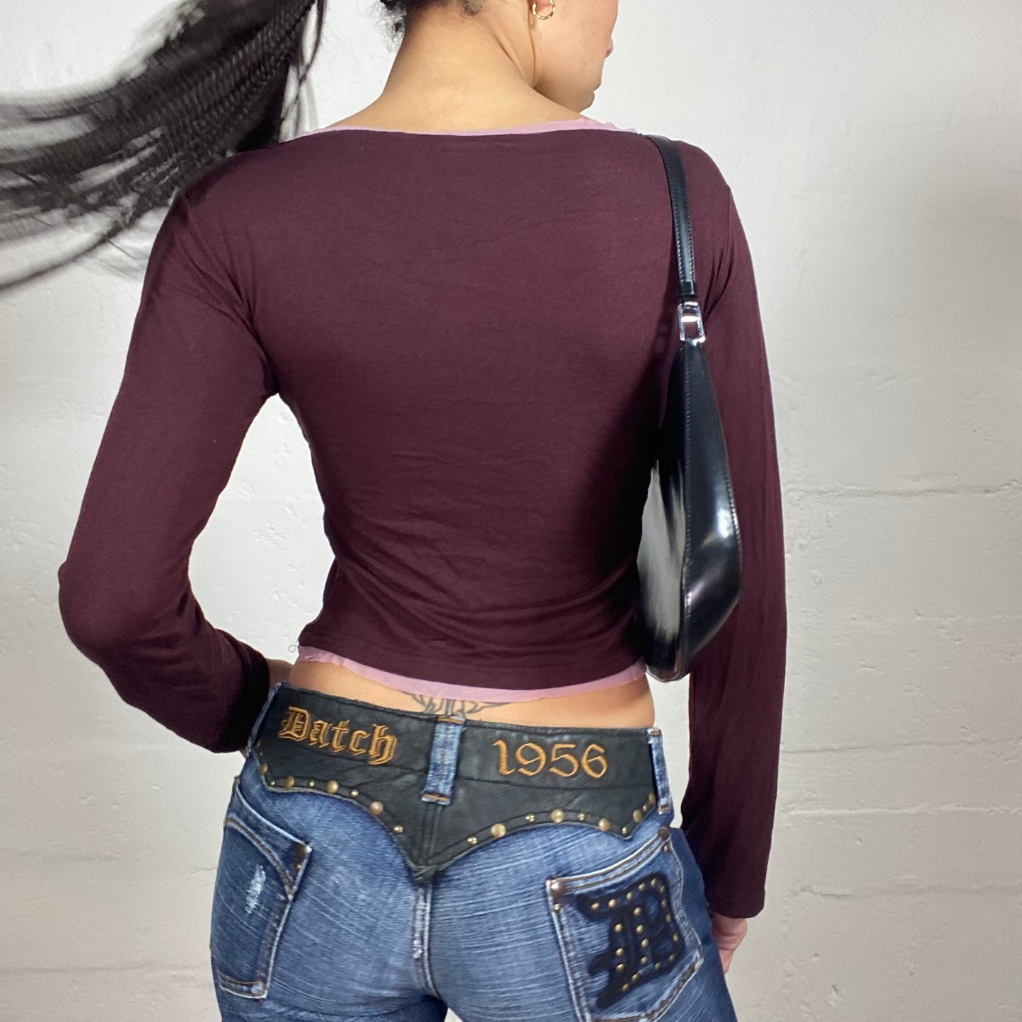 Vintage 2000's Indie Burgundy Wrapped Cut V-Neck Longsleeved Cropped Top with Ribbon Binding and Pink Accents (M)