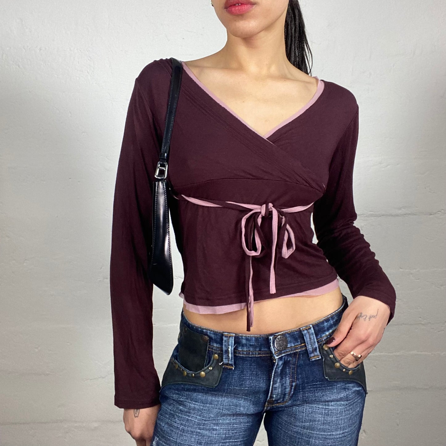 Vintage 2000's Indie Burgundy Wrapped Cut V-Neck Longsleeved Cropped Top with Ribbon Binding and Pink Accents (M)
