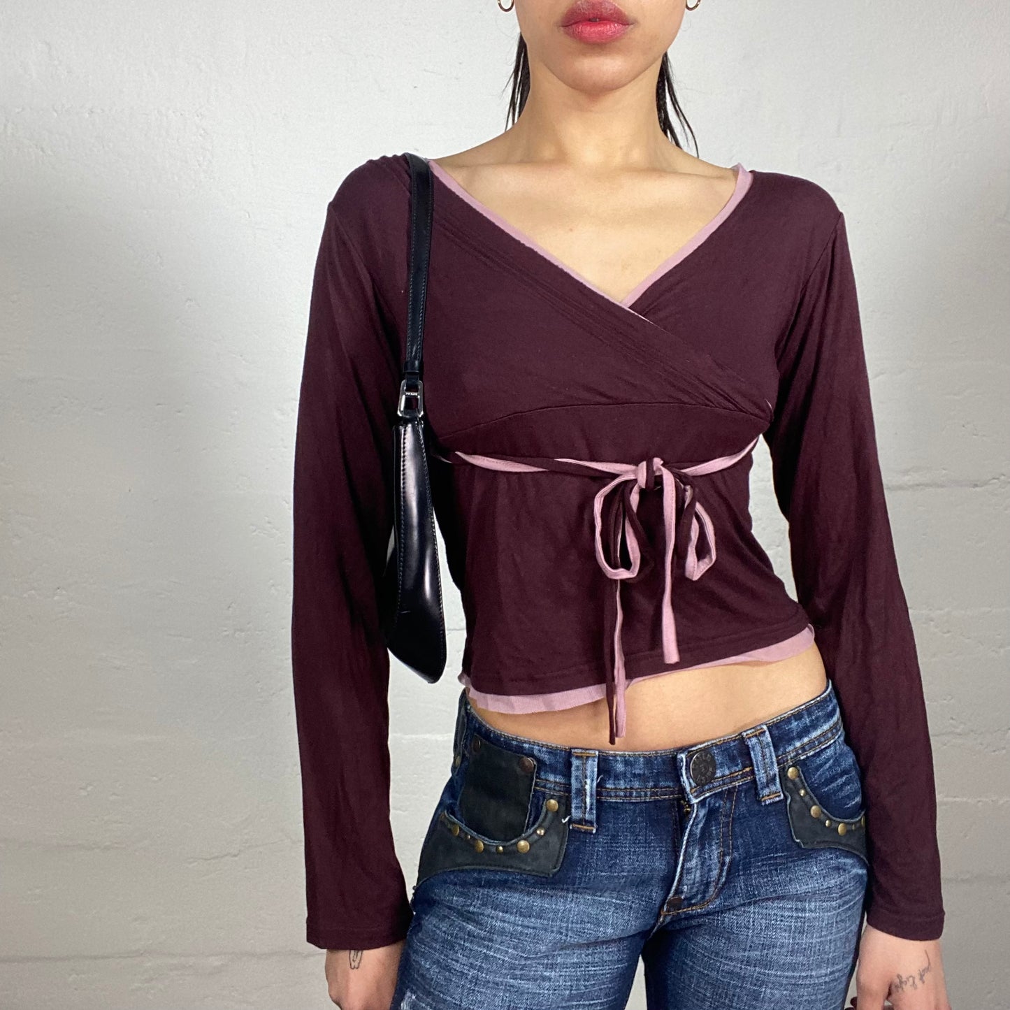 Vintage 2000's Indie Burgundy Wrapped Cut V-Neck Longsleeved Cropped Top with Ribbon Binding and Pink Accents (M)