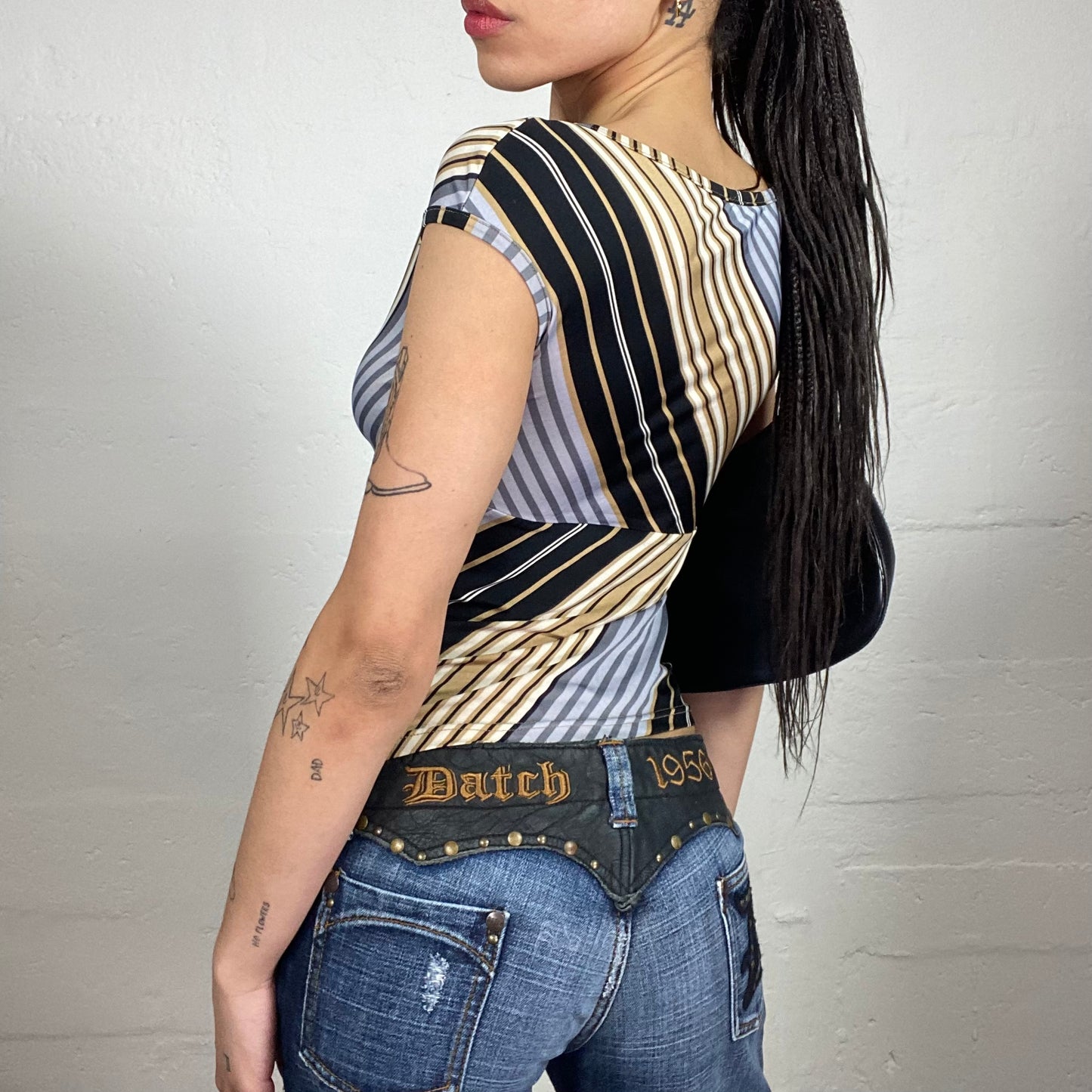 Vintage 2000's Downtown Girl Multicoloured Stripes Printed Slim Fitted Tee with Micro Sleeves (L)