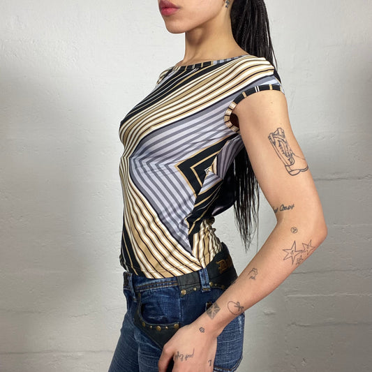 Vintage 2000's Downtown Girl Multicoloured Stripes Printed Slim Fitted Tee with Micro Sleeves (L)