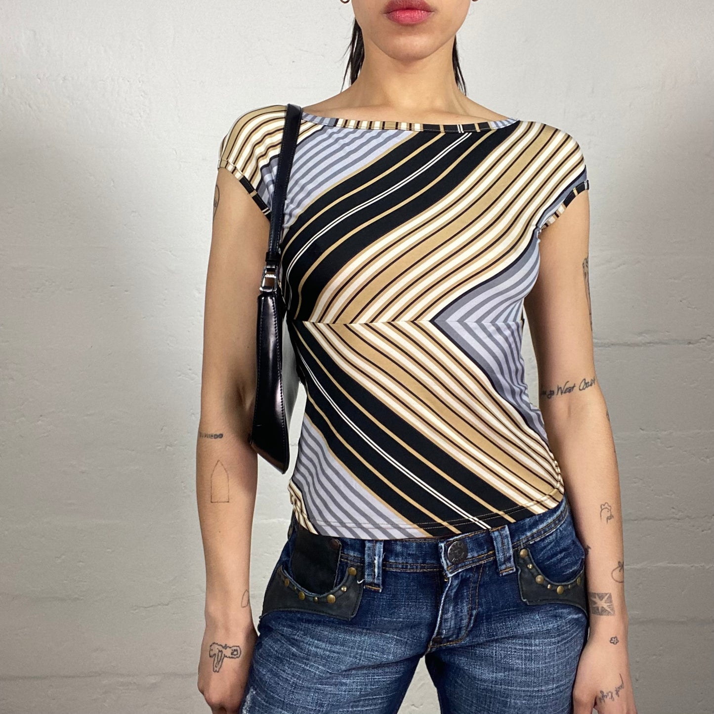 Vintage 2000's Downtown Girl Multicoloured Stripes Printed Slim Fitted Tee with Micro Sleeves (L)