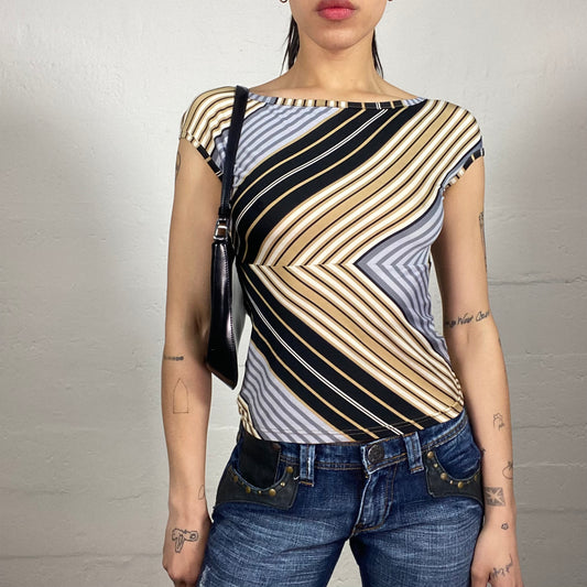 Vintage 2000's Downtown Girl Multicoloured Stripes Printed Slim Fitted Tee with Micro Sleeves (L)