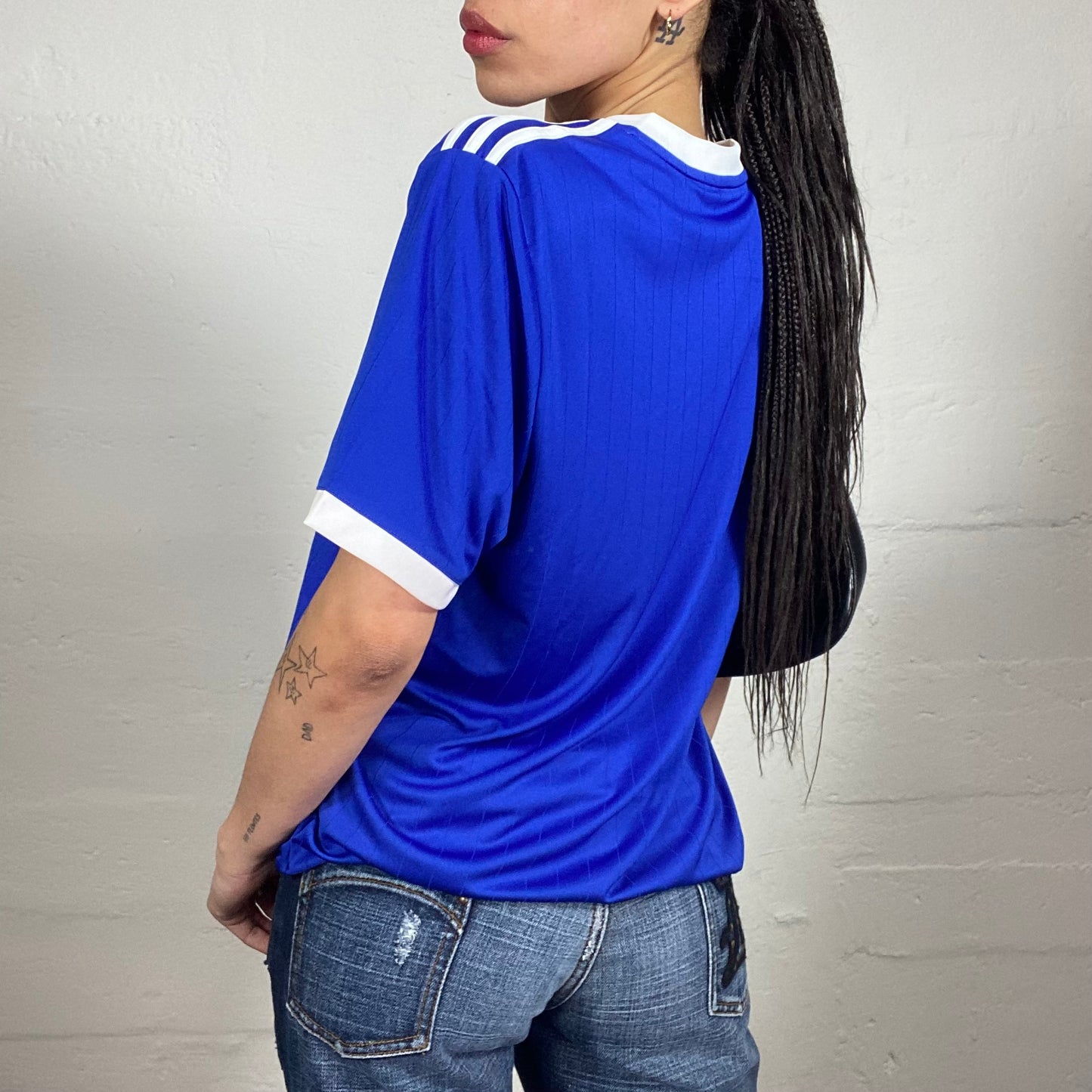 Vintage 2000's Archive Adidas Sporty Blue Oversized T-Shirt with Contrast White Details and Logo Print (L)