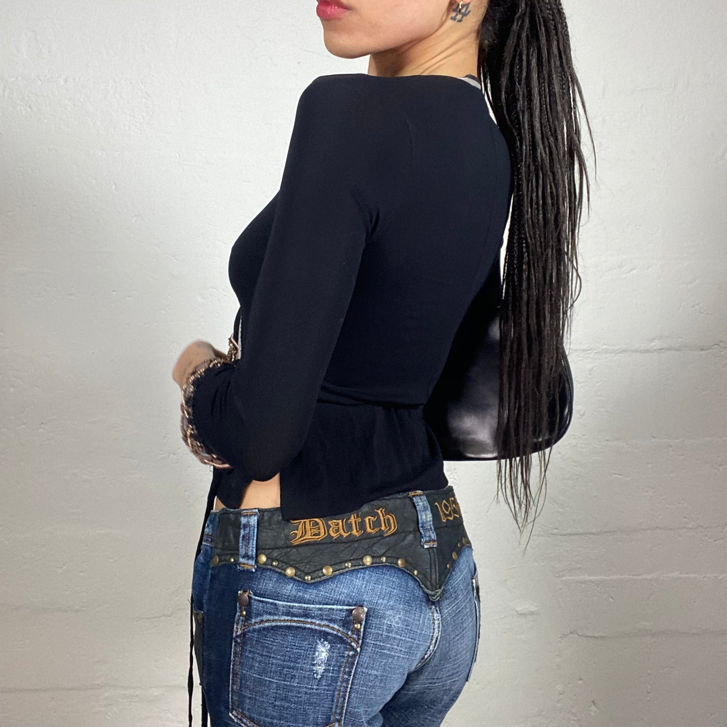 Vintage 2000's Boho Black 3/4 Sleeve Wrapping V-Neck Top with Brown Details Embroidery (M)