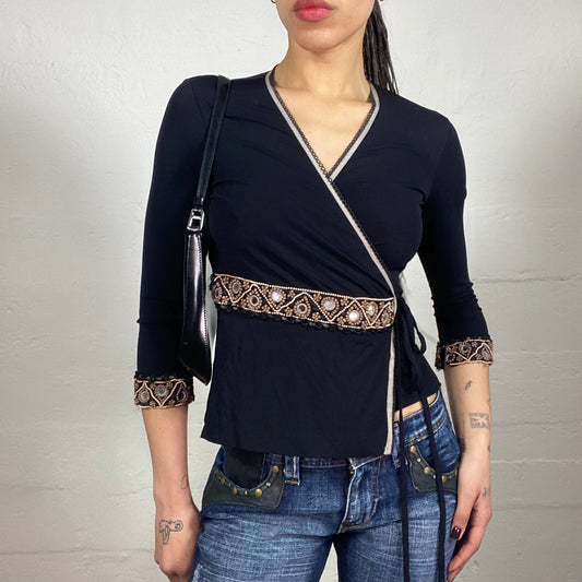 Vintage 2000's Boho Black 3/4 Sleeve Wrapping V-Neck Top with Brown Details Embroidery (M)