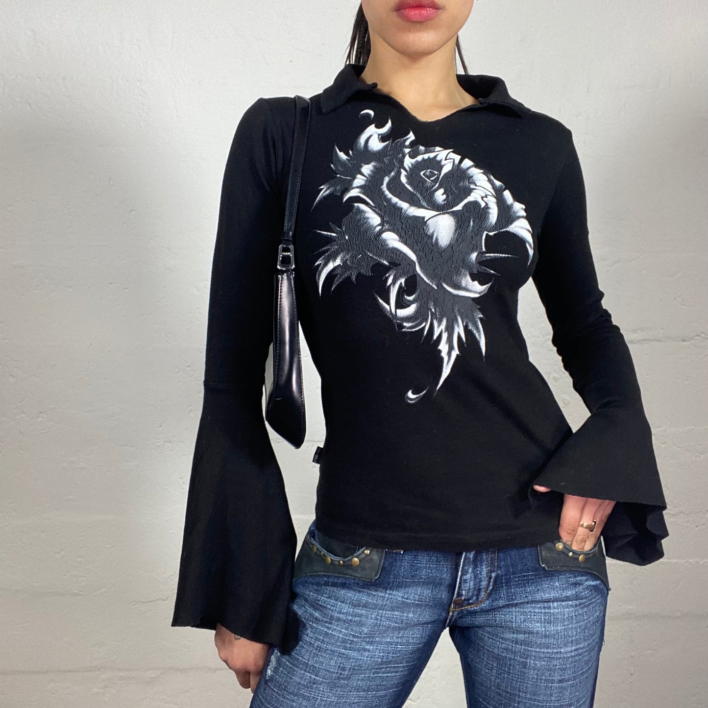 Vintage 2000's Vamp Girl Gothic Black Flared Sleeves Collared Top with Grunge Rose Print (S)