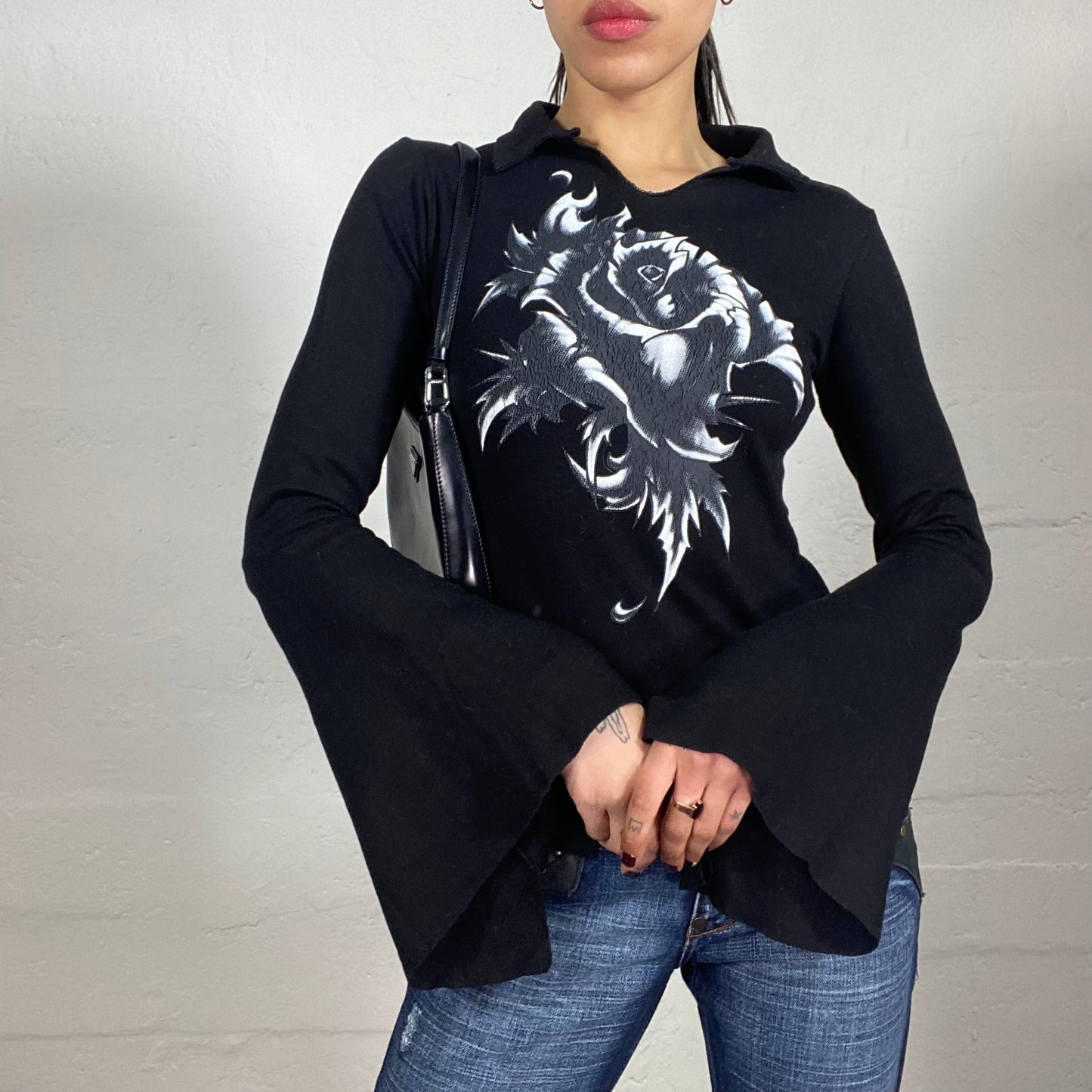 Vintage 2000's Vamp Girl Gothic Black Flared Sleeves Collared Top with Grunge Rose Print (S)
