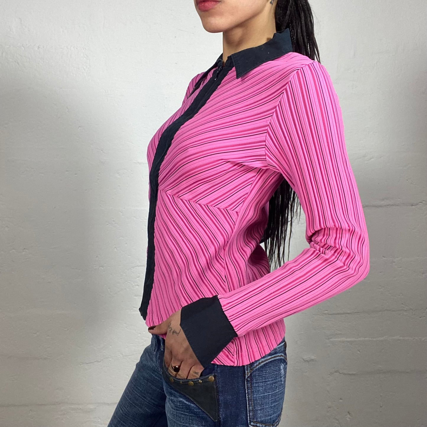 Vintage 2000's Girly Pink Striped Longsleeve Zip Up Shirt with Black Accents and Classic Collar (S)