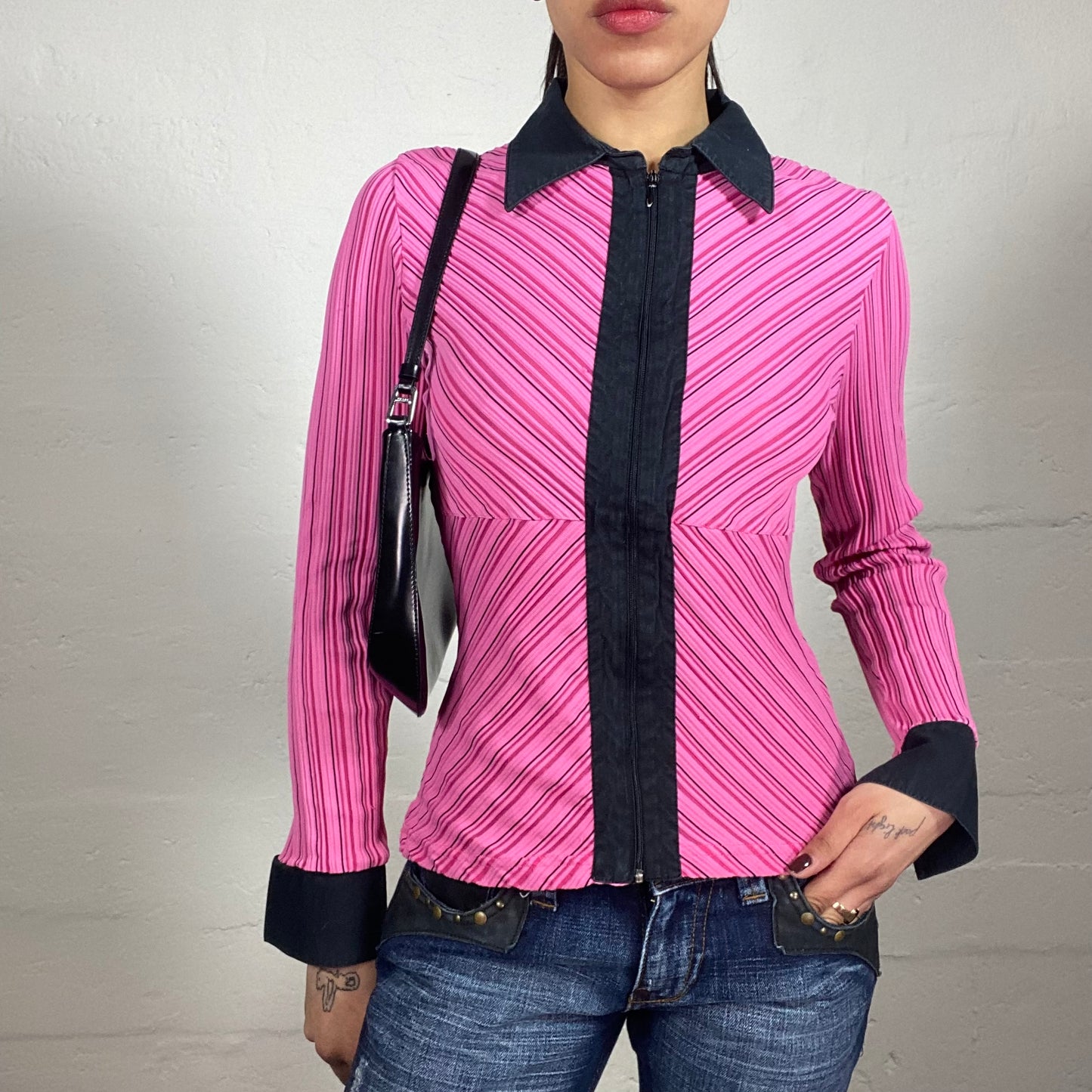 Vintage 2000's Girly Pink Striped Longsleeve Zip Up Shirt with Black Accents and Classic Collar (S)
