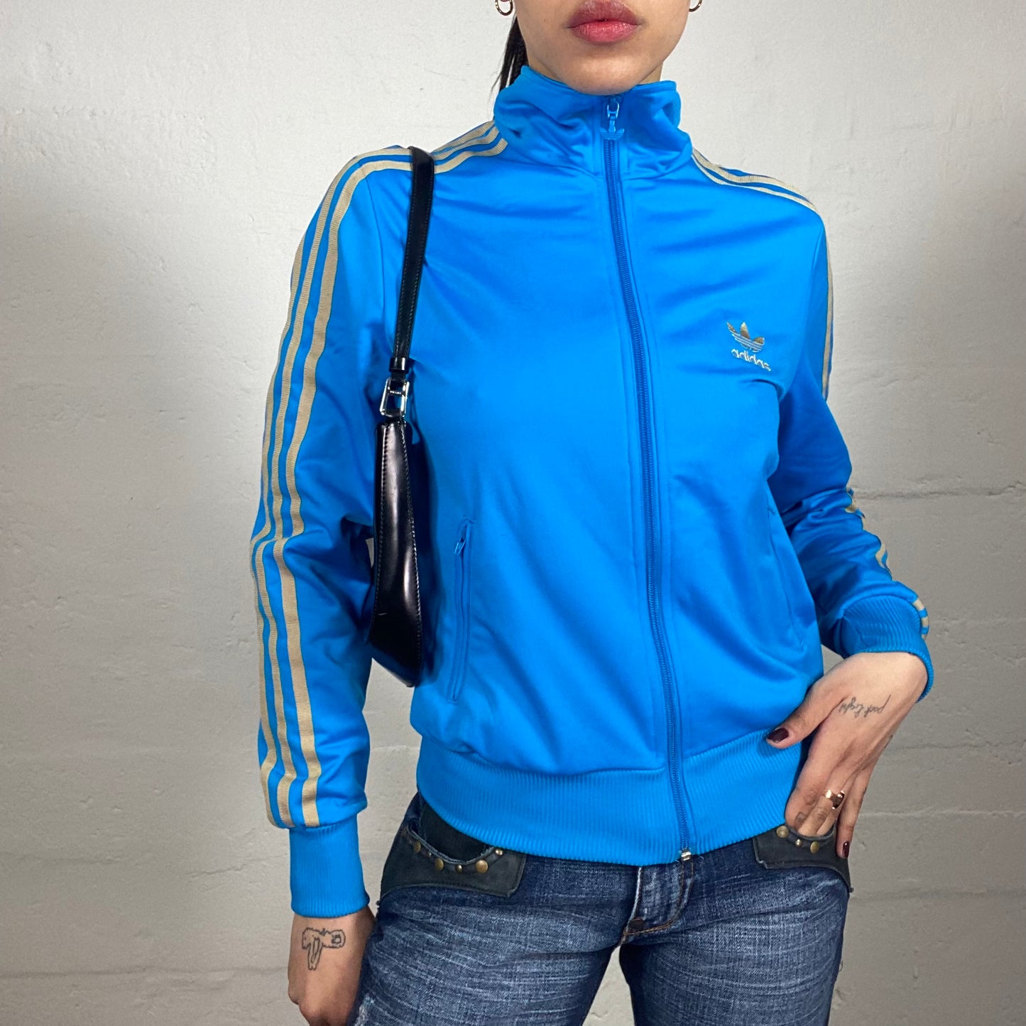 Vintage 2000's Archive Adidas Aquamarin Blue Zip Up Pullover with Contrast Back Logo (M)