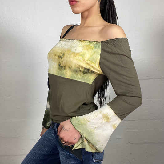 Vintage 2000's Downtown Girl Off Shoulder Khaki Green Top with Faded Matching Tone Print (M)