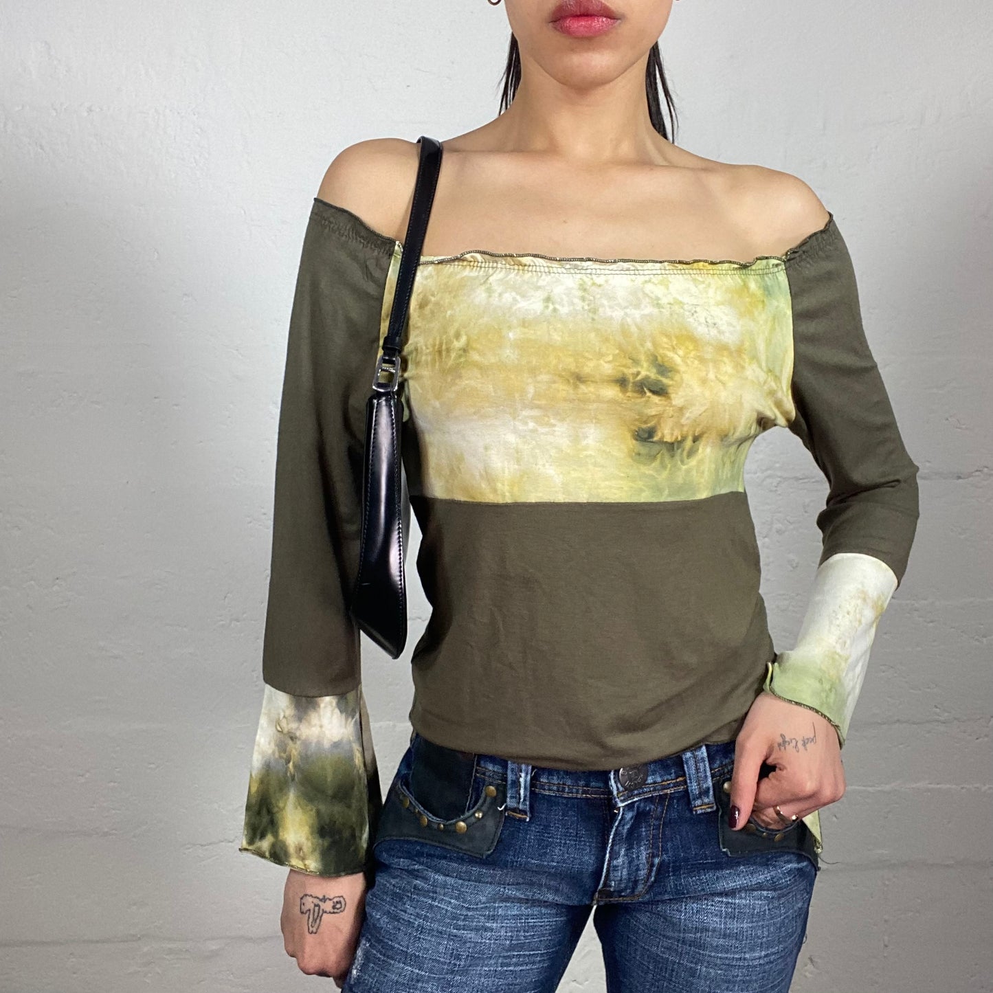 Vintage 2000's Downtown Girl Off Shoulder Khaki Green Top with Faded Matching Tone Print (M)