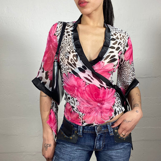 Vintage 2000's Kimono Style Glamorous Silky Side Binding Top with Pink Floral and Black Animal Prints (S)