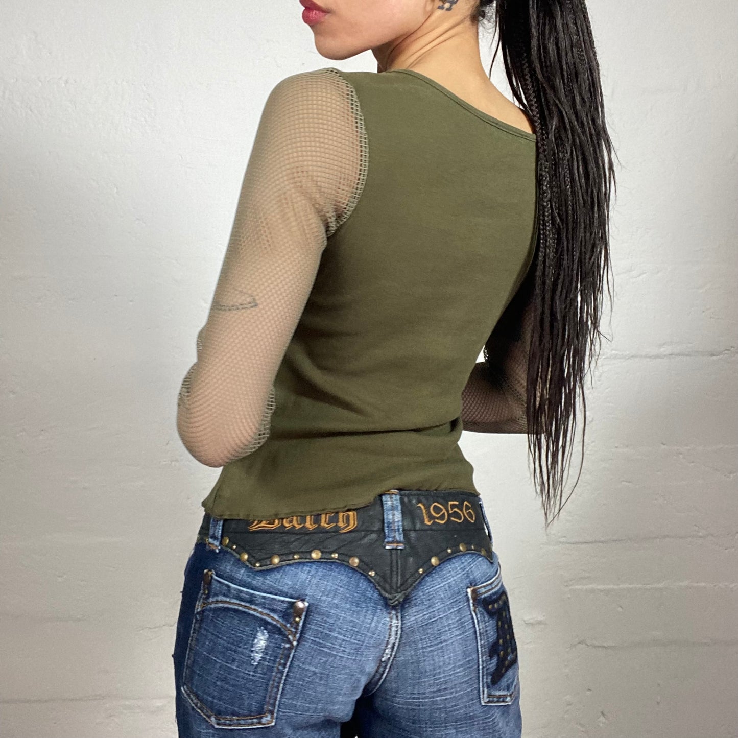 Vintage 2000's Hip-Hop Style Khaki Green Mesh 3/4 Sleeved Off Shoulder Top with Zipper (M)