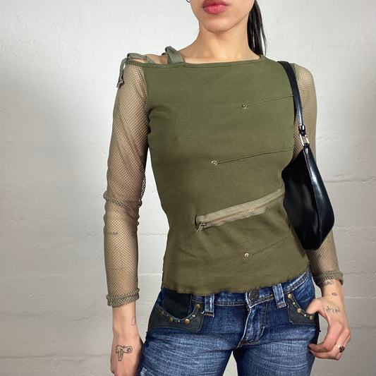 Vintage 2000's Hip-Hop Style Khaki Green Mesh 3/4 Sleeved Off Shoulder Top with Zipper (M)