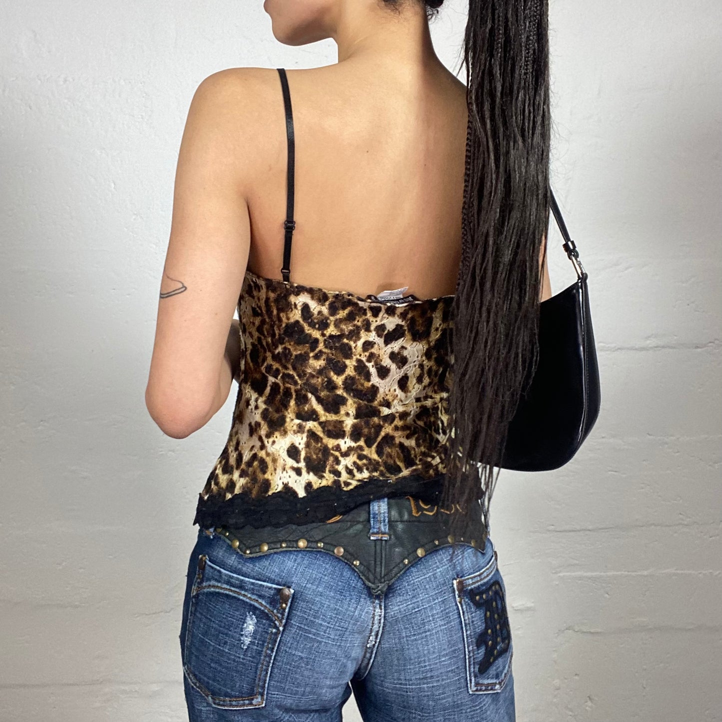 Vintage 2000's Summer Cheetah Girl Wrapping Animal Print Cami Top with Black Lace Trim and Silky Binding (L)