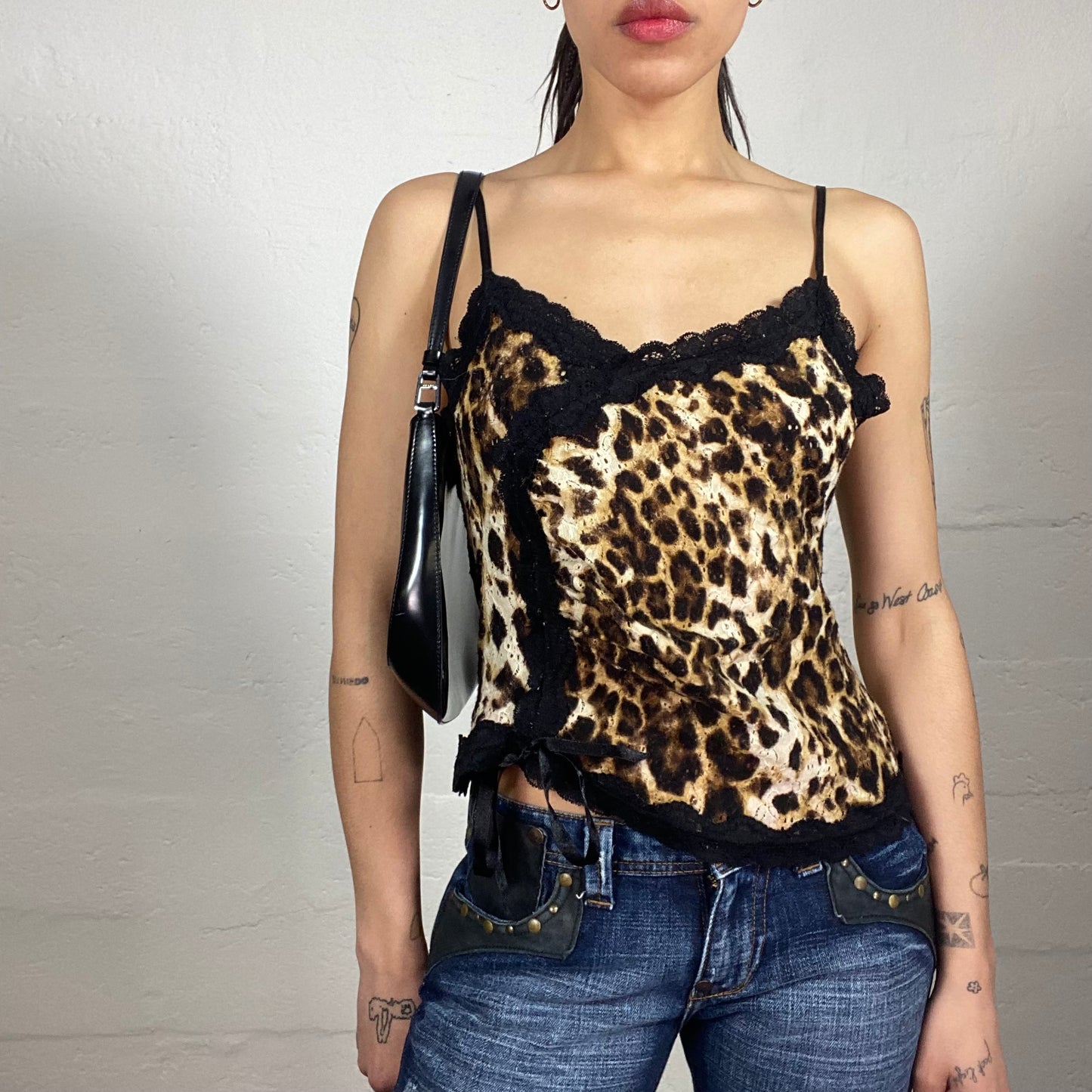 Vintage 2000's Summer Cheetah Girl Wrapping Animal Print Cami Top with Black Lace Trim and Silky Binding (L)