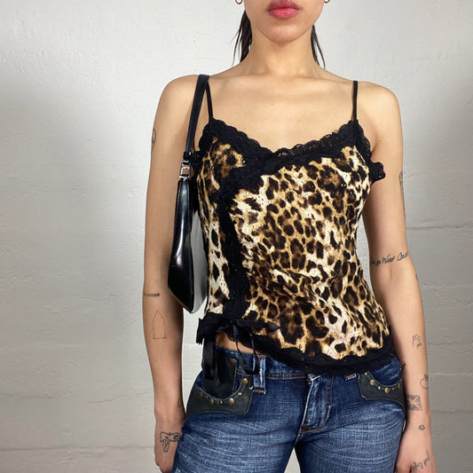 Vintage 2000's Summer Cheetah Girl Wrapping Animal Print Cami Top with Black Lace Trim and Silky Binding (L)