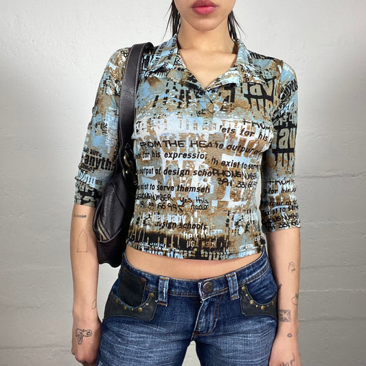 Vintage 2000's New York Girl Printed Blue and Brown Typography 3/4 Sleeve Top with Collar (S)