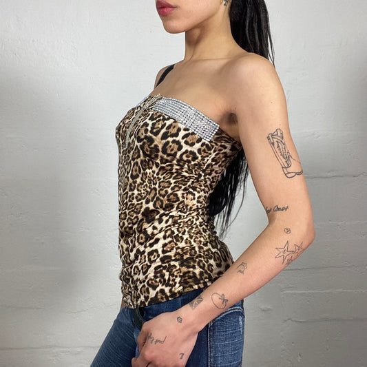 Vintage 2000's Morgan Glam Bomb Cheetah Girl Animal Printed Tube Top with Rhinestone Mesh Pieces and Middle Silver and Gold Hanging Detail (S)