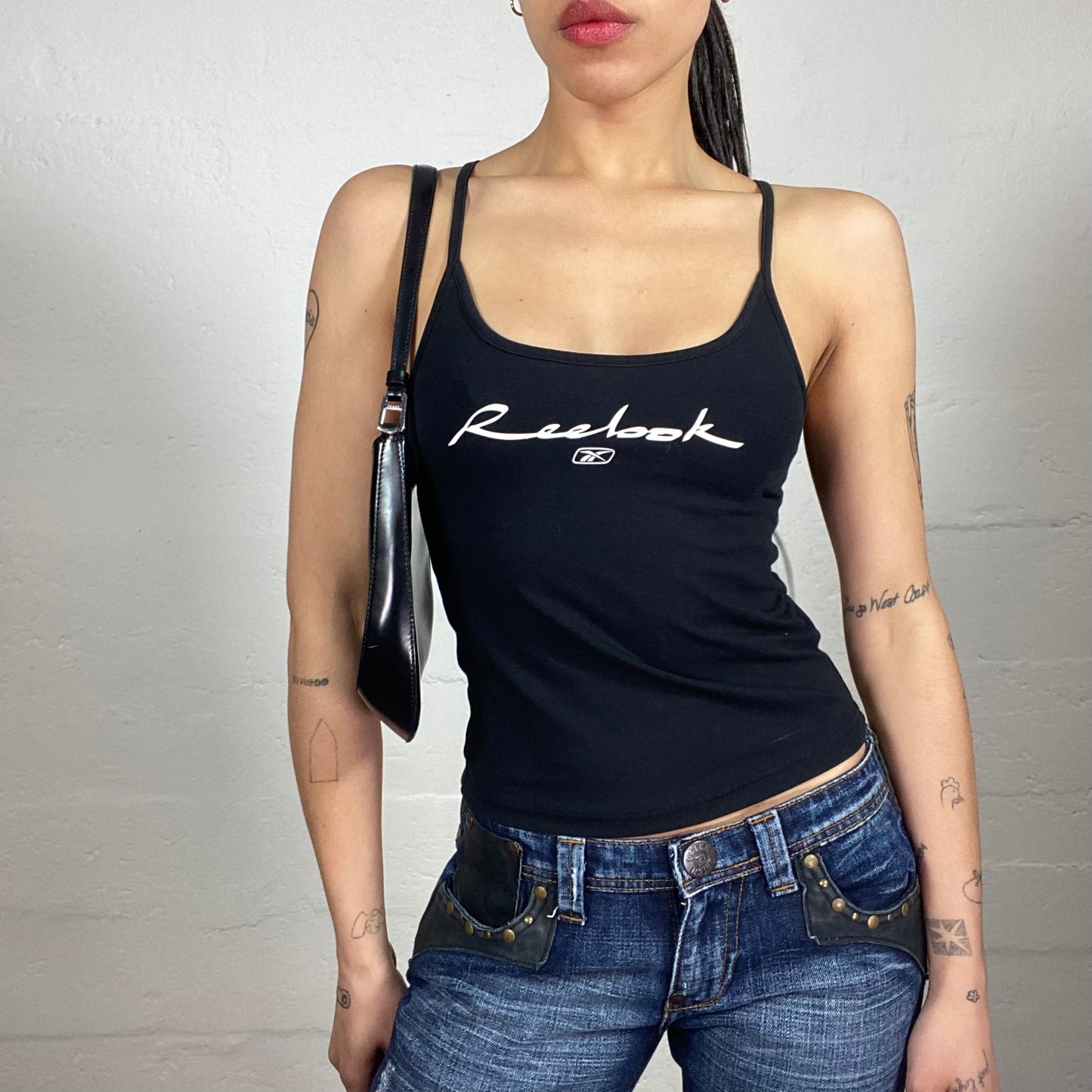 Vintage 2000's Archive Reebok Black Mini Cami Top with Contrast White Logo Print (M)