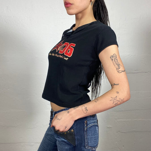 Vintage 2000's Biker Girl Black Baby Tee with Red Star 06 Print and Neckline Cut (M)