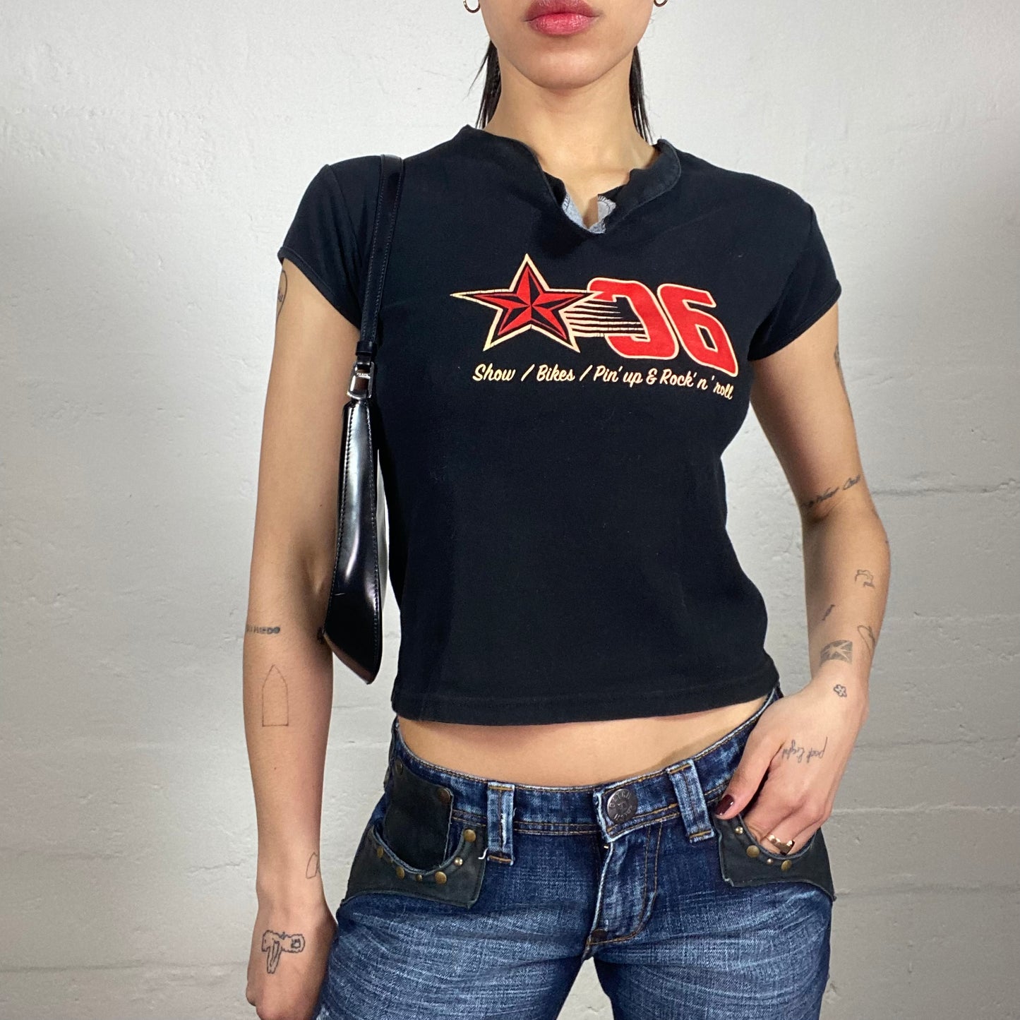 Vintage 2000's Biker Girl Black Baby Tee with Red Star 06 Print and Neckline Cut (M)