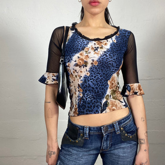 Vintage 2000's Romantic Boho 2/4 Mesh Sleeve Animal and Floral Multicoloured Printed Top with Ruffle Decorations (L)